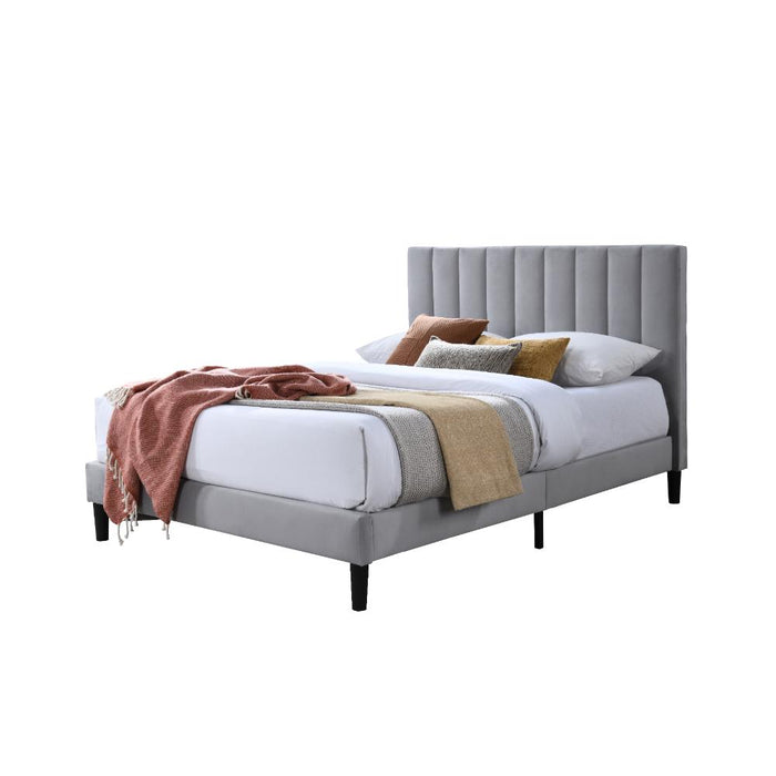 Cama Doble Lisa, Gris Claro, Madera roble tapizada