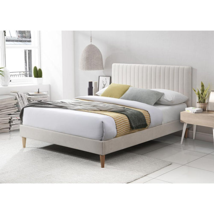 Cama Doble Tania, Gris Crema, madera roble tapizada