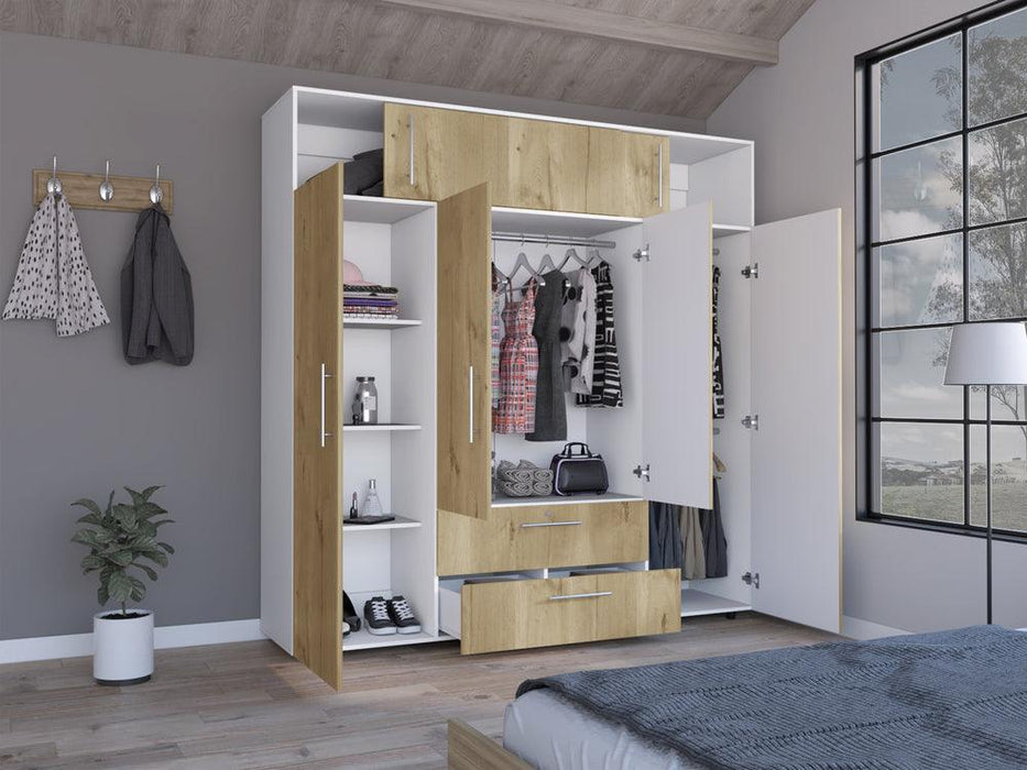 Closet Babel, Fresno Europeo y Blanco, con Cuatro Puertas Abatibles y Cuatro Cajones Multiusos