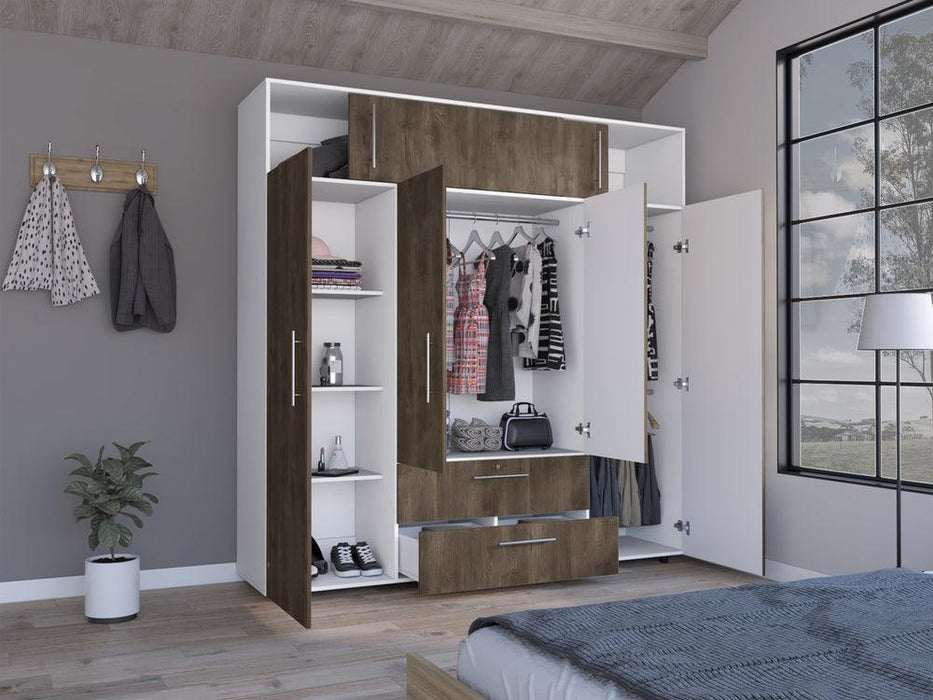 Closet Babel, Avellana y Blanco, con Cuatro Puertas Abatibles y Cuatro Cajones Multiusos