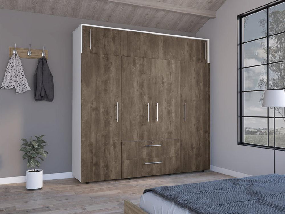 Closet Babel, Avellana y Blanco, con Cuatro Puertas Abatibles y Cuatro Cajones Multiusos