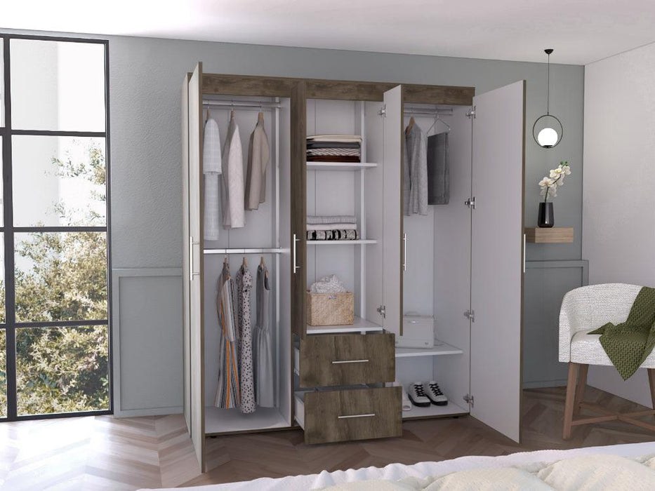 Closet Bariloche Bombay Eco, Avellana y Blanco, Con Variedad De Entrepaños y Cuatro Puertas Abatibles