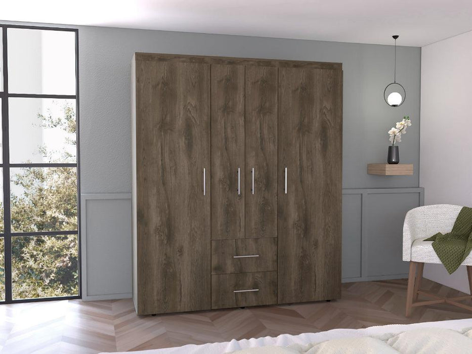 Closet Bariloche Bombay Eco, Avellana y Blanco, Con Variedad De Entrepaños y Cuatro Puertas Abatibles