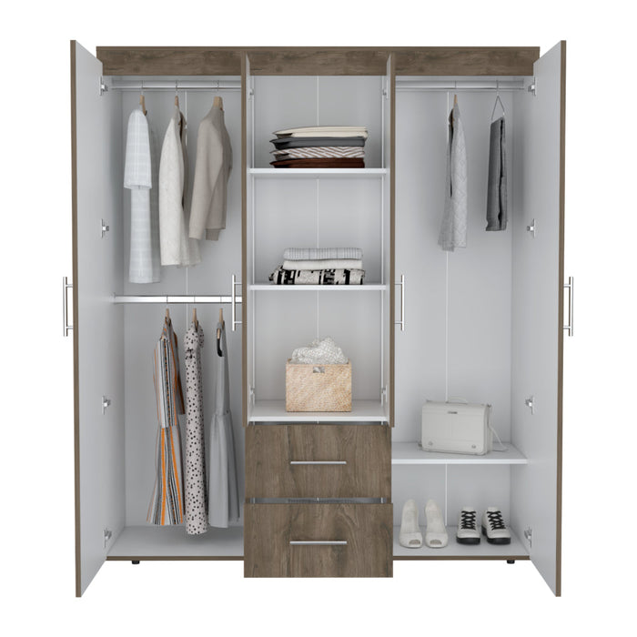 Closet Bariloche Bombay Eco, Avellana y Blanco, Con Variedad De Entrepaños y Cuatro Puertas Abatibles