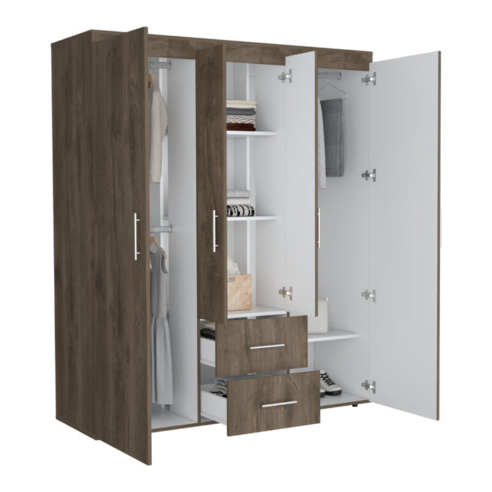 Closet Bariloche Bombay Eco, Avellana y Blanco, Con Variedad De Entrepaños y Cuatro Puertas Abatibles