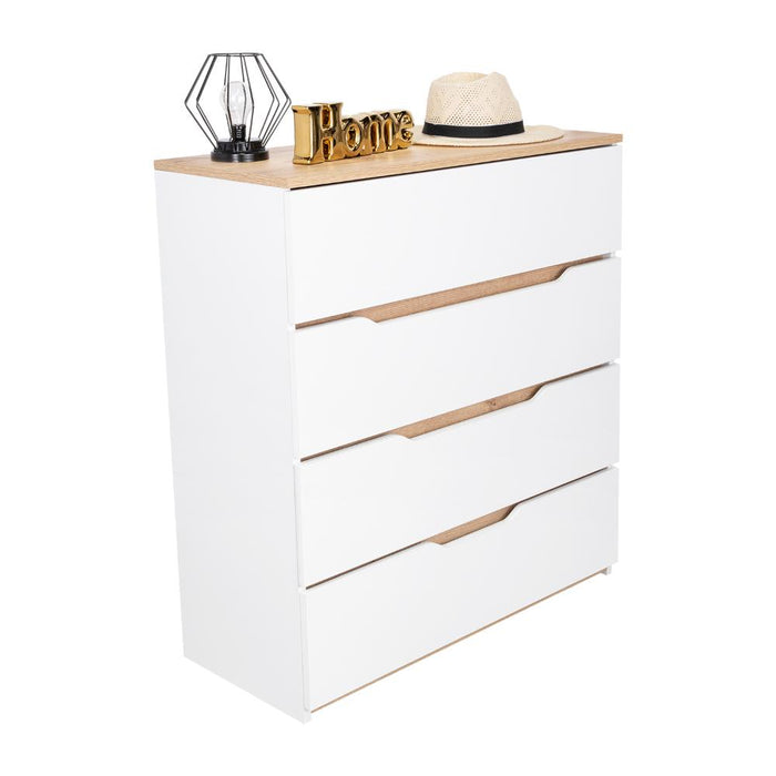 Organizador Coralyn, Blanco y Fresno Europeo, Con Cuatro Amplios Cajones Deslizables Para Guardar Objetos Personales