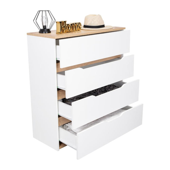 Organizador Coralyn, Blanco y Fresno Europeo, Con Cuatro Amplios Cajones Deslizables Para Guardar Objetos Personales
