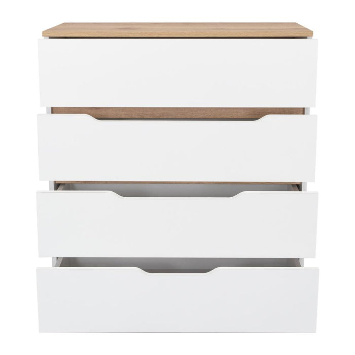 Organizador Coralyn, Blanco y Fresno Europeo, Con Cuatro Amplios Cajones Deslizables Para Guardar Objetos Personales
