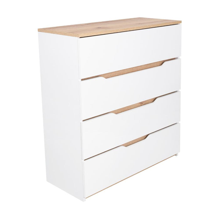 Organizador Coralyn, Blanco y Fresno Europeo, Con Cuatro Amplios Cajones Deslizables Para Guardar Objetos Personales