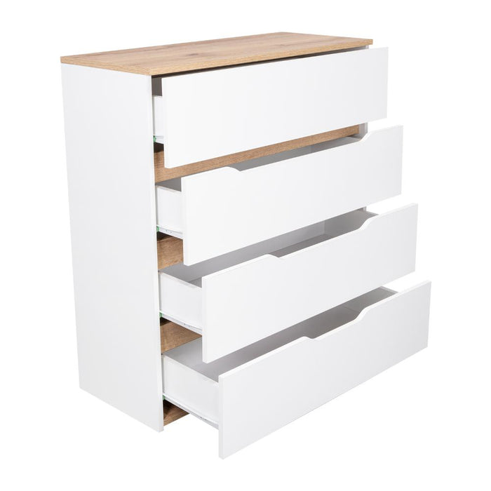 Organizador Coralyn, Blanco y Fresno Europeo, Con Cuatro Amplios Cajones Deslizables Para Guardar Objetos Personales