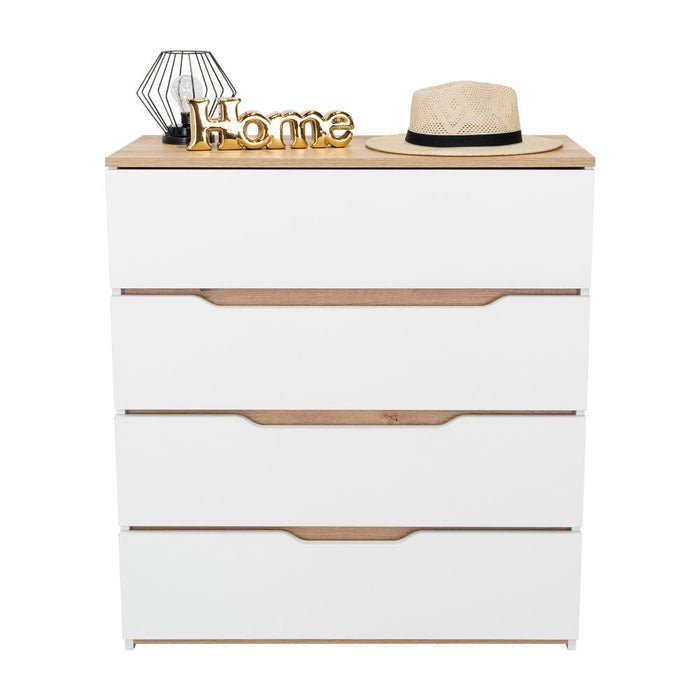 Organizador Coralyn, Blanco y Fresno Europeo, Con Cuatro Amplios Cajones Deslizables Para Guardar Objetos Personales
