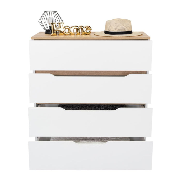 Organizador Coralyn, Blanco y Fresno Europeo, Con Cuatro Amplios Cajones Deslizables Para Guardar Objetos Personales