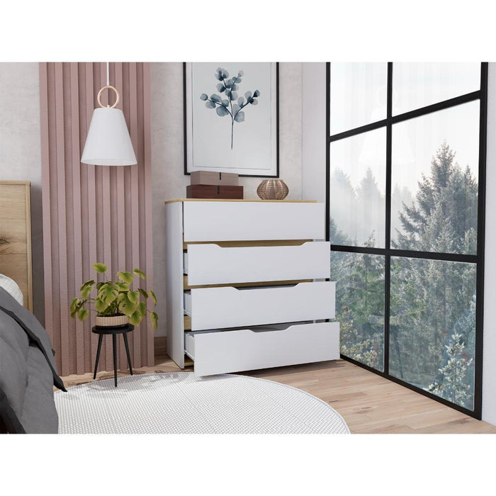 Organizador Coralyn, Blanco y Fresno Europeo, Con Cuatro Amplios Cajones Deslizables Para Guardar Objetos Personales
