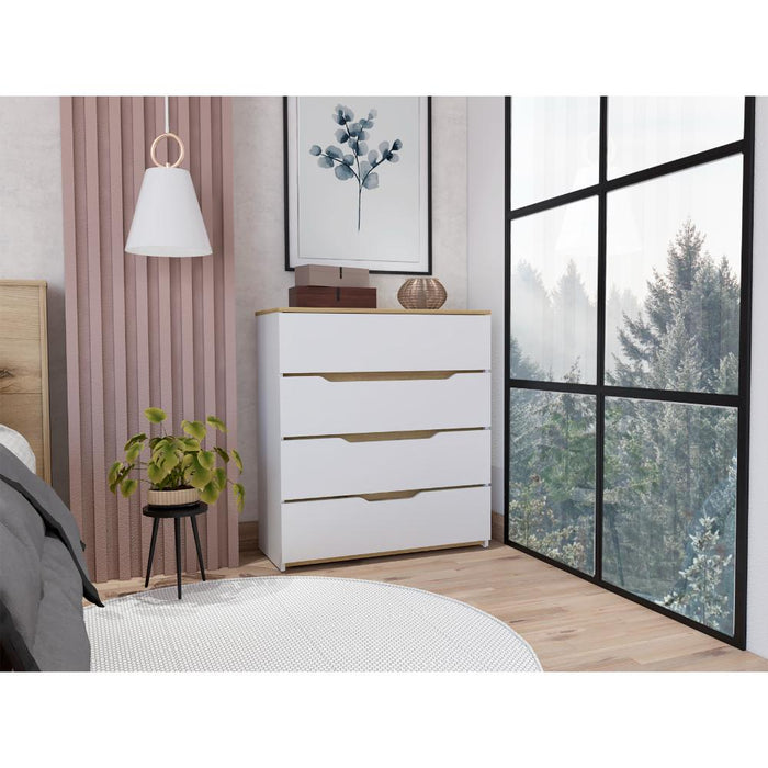 Organizador Coralyn, Blanco y Fresno Europeo, Con Cuatro Amplios Cajones Deslizables Para Guardar Objetos Personales