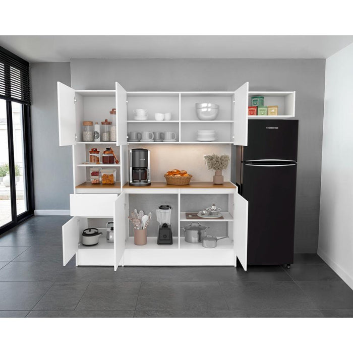 Alacena Dali , Blanco y Fresno Europeo, Con seis puertas batientes y un cajón, amplio espacio de almacenamiento ZF