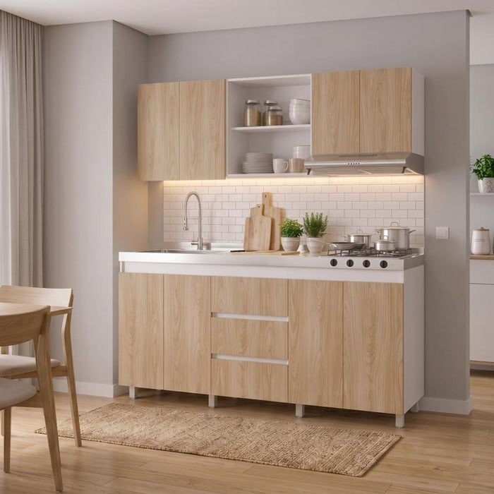 Cocina Integral Boreal, Blanco Duqueza y Fresno Europeo, Incluye Mesón Izquierdo