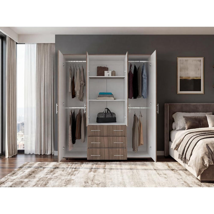 Closet Fontana, Avellana y Blanco, con Cuatro Tubos Para Colgar Ropa y Zapatero En La Parte Inferior