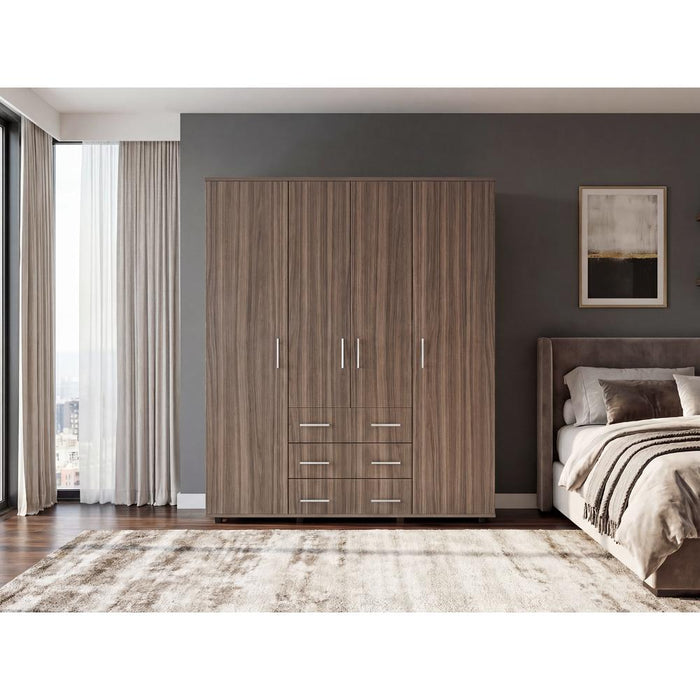 Closet Fontana, Avellana y Blanco, con Cuatro Tubos Para Colgar Ropa y Zapatero En La Parte Inferior