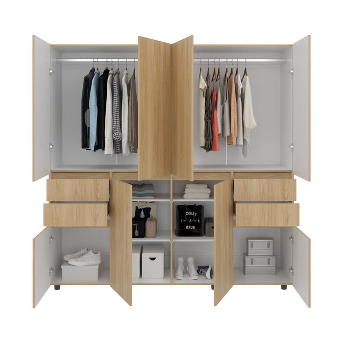 Closet Siruela 200, Fresno Europeo y Blanco, con Cuatro Cajones, Ocho Puertas y Gran Capacidad de Almacenamiento