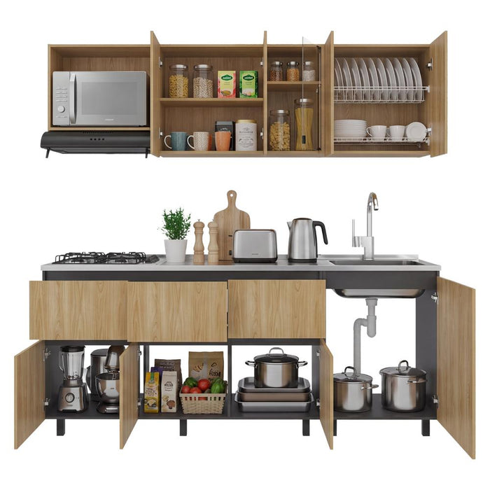 Cocina Integral Lirio, Fresno Europeo y Plata Oscuro, Incluye Mesón Derecho