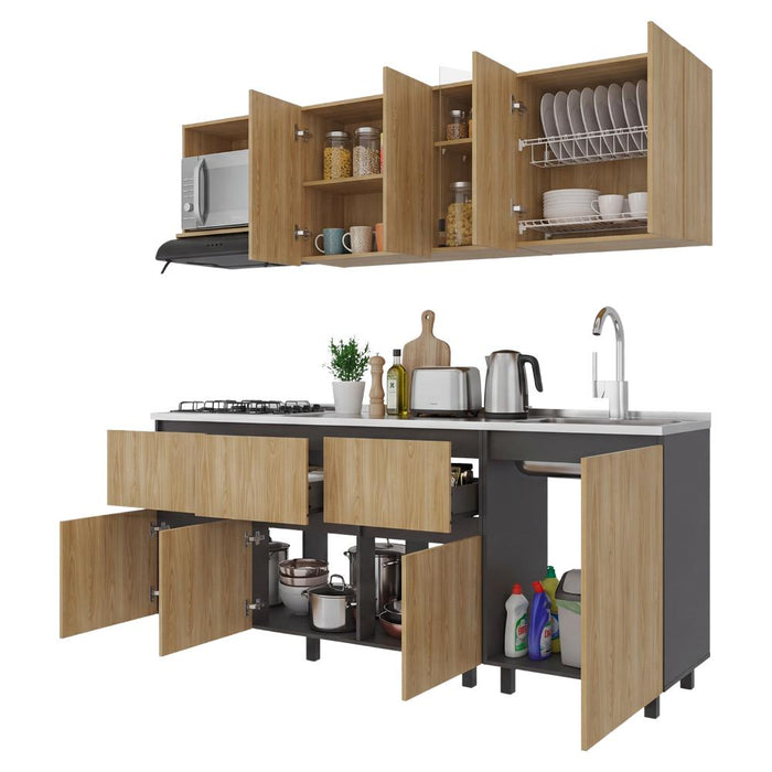 Cocina Integral Lirio, Fresno Europeo y Plata Oscuro, Incluye Mesón Derecho