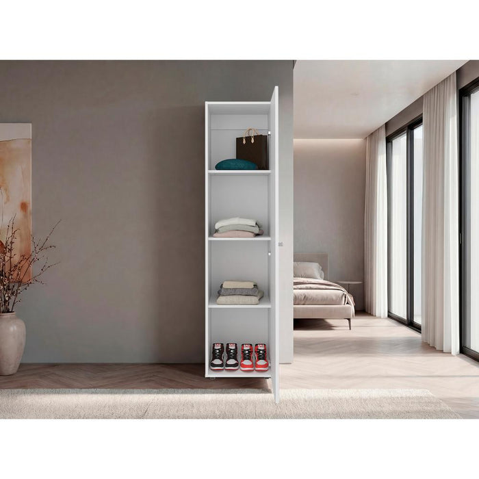 Closet Con Espejo Alma, Blanco Duqueza, Una puerta abatible y entrepaños para guardar ropa ZF