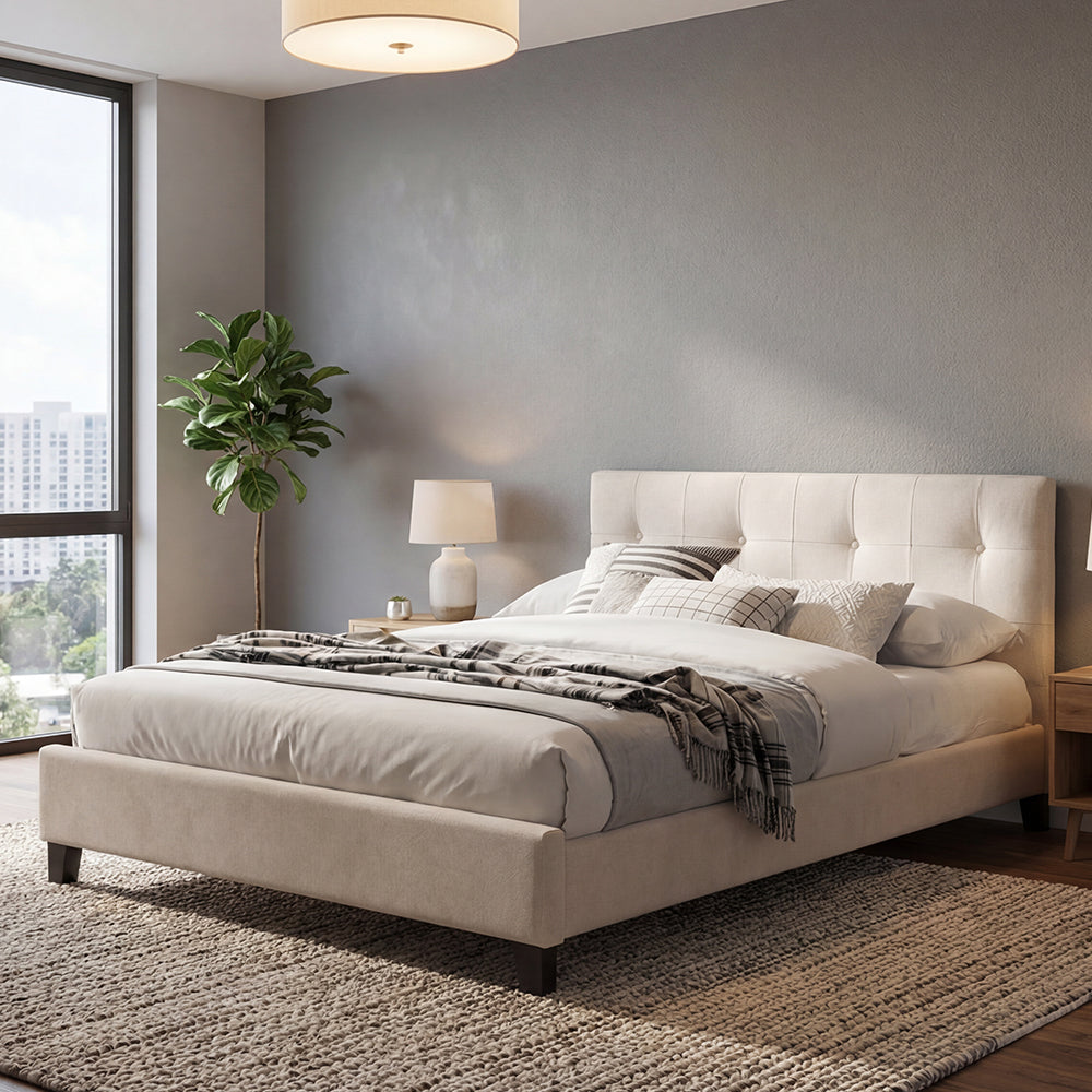 Cama Doble Imperial, Blanco, Madera roble tapizada