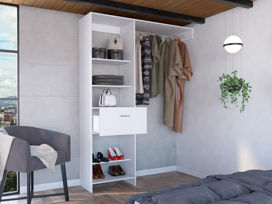 Closet Delhi 150, Blanco Duqueza, Con Tres Entrepaños y Un Tubo Para Colgar Ropa ZF
