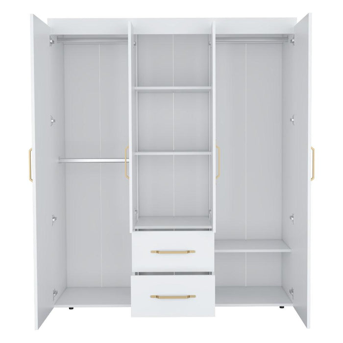 Closet Bariloche Bombay Eco, Blanco Duqueza y Dorado, Con Variedad De Entrepaños y Cuatro Puertas Abatibles ZF