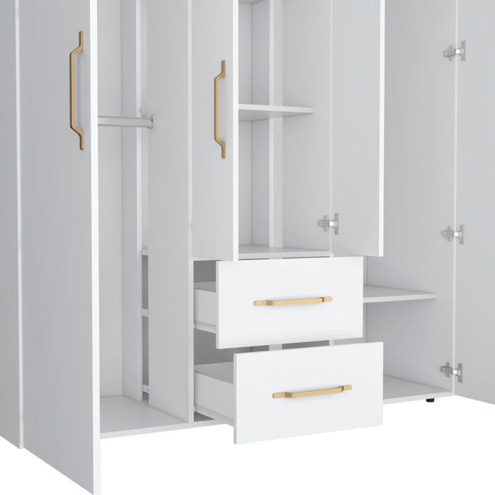 Closet Bariloche Bombay Eco, Blanco Duqueza y Dorado, Con Variedad De Entrepaños y Cuatro Puertas Abatibles ZF
