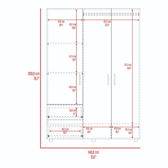 Closet Light 140, Nevado y Blanco, con Tres Puertas Abatibles