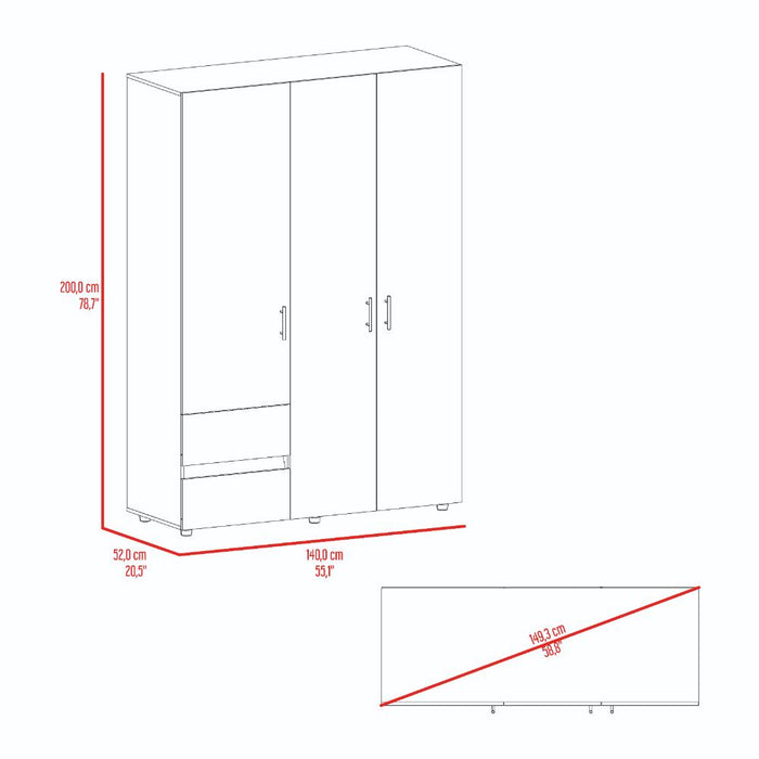 Closet Light 140, Nevado y Blanco, con Tres Puertas Abatibles