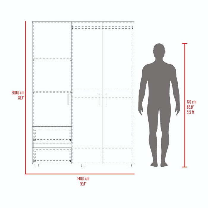 Closet Light 140, Nevado y Blanco, con Tres Puertas Abatibles