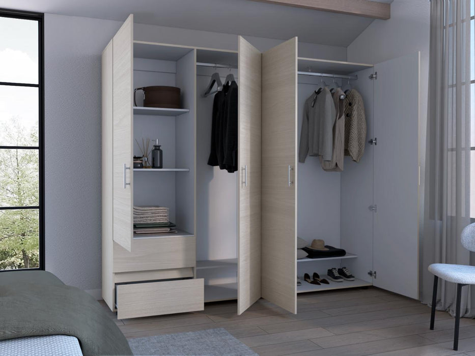 Closet Light 230, Niebla y Blanco Duqueza, con dos cajones y cuatro puertas