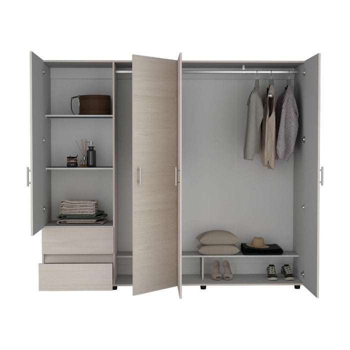 Closet Light 230, Niebla y Blanco Duqueza, con dos cajones y cuatro puertas