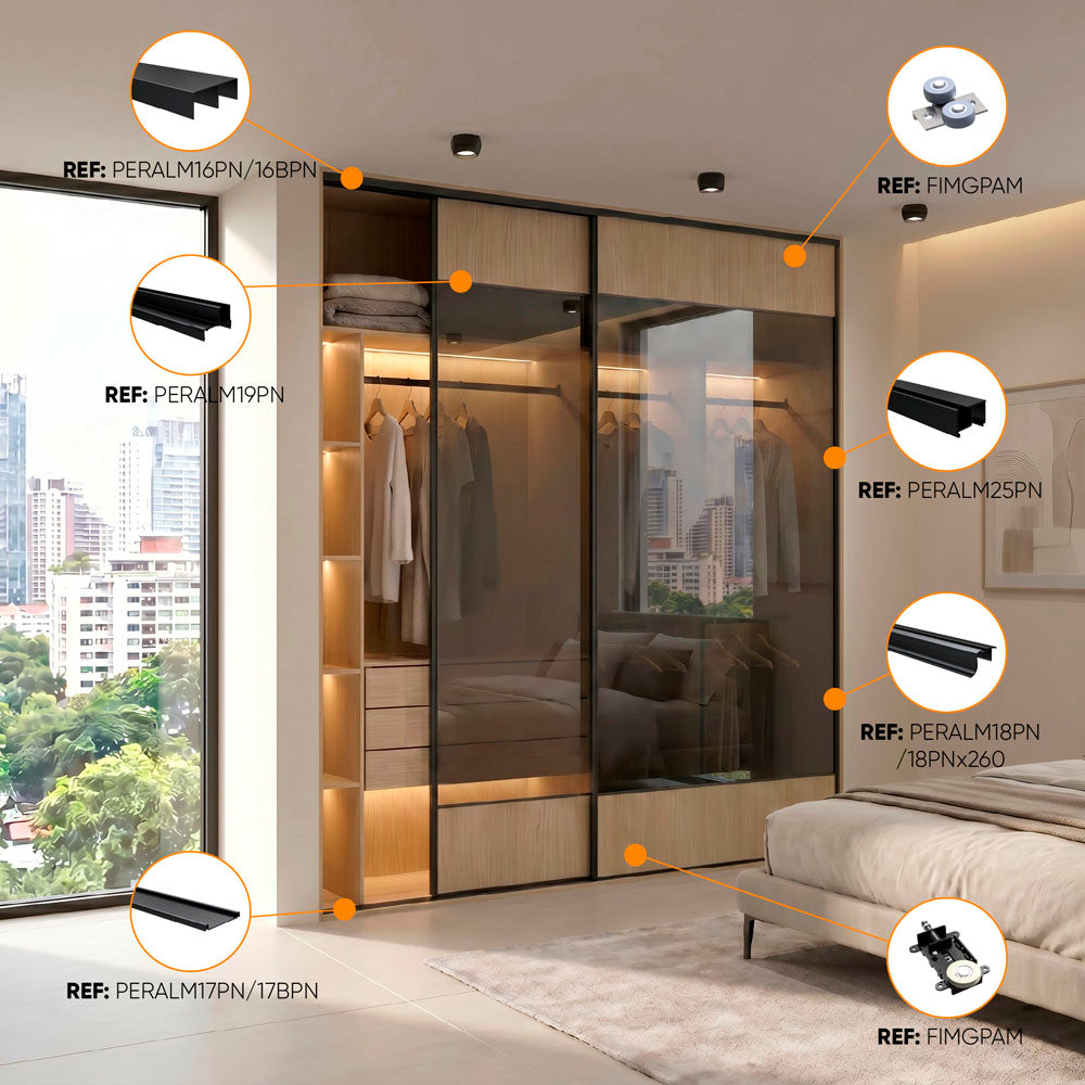 Guía de perfiles y rodamientos para Kit de rodamientos sistema corredizo Amazonas para puerta de clóset