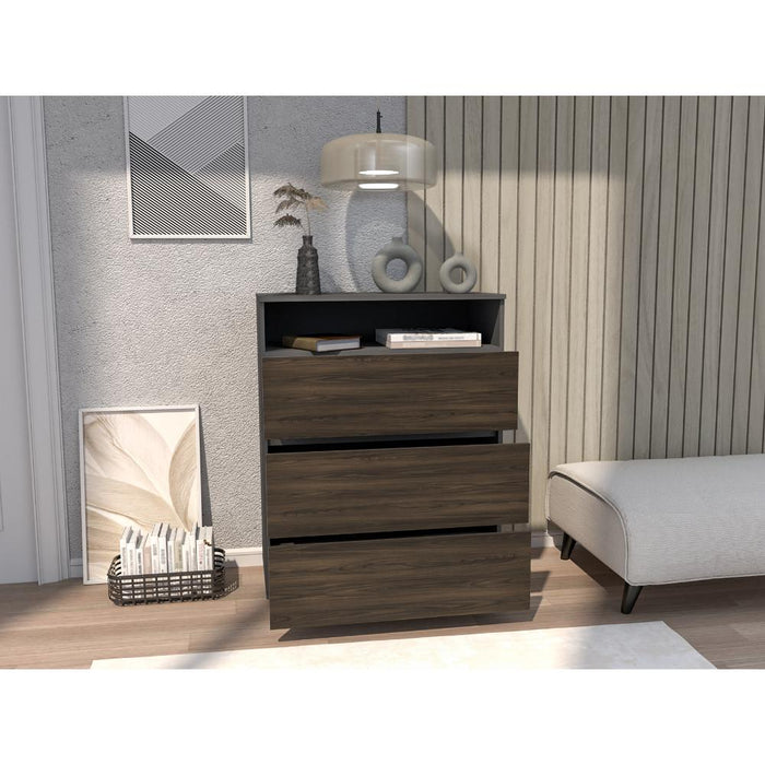 Organizador Houck, Plata Oscuro y Nogal Europeo, cuenta con 3 cajones para almacenar