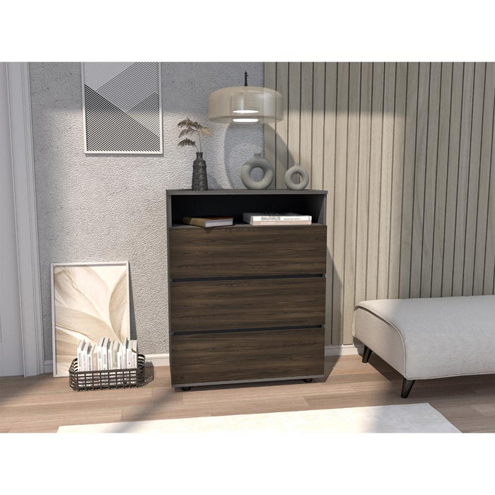 Organizador Houck, Plata Oscuro y Nogal Europeo, cuenta con 3 cajones para almacenar