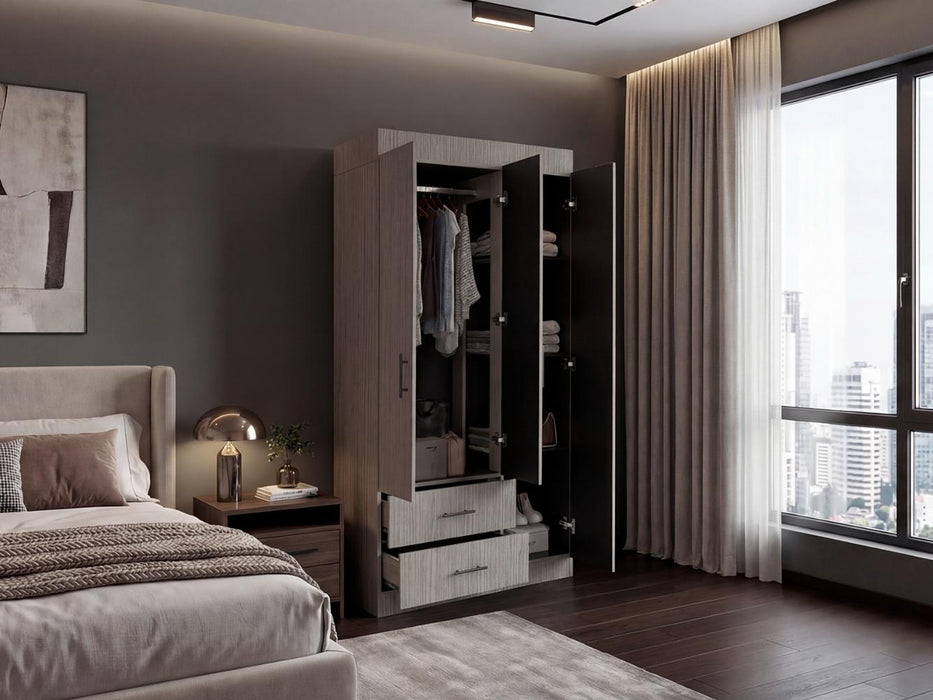 Closet houston, positano y wengue, con cuatro puertas batientes y dos cajones con amplio espacio de almacenamiento