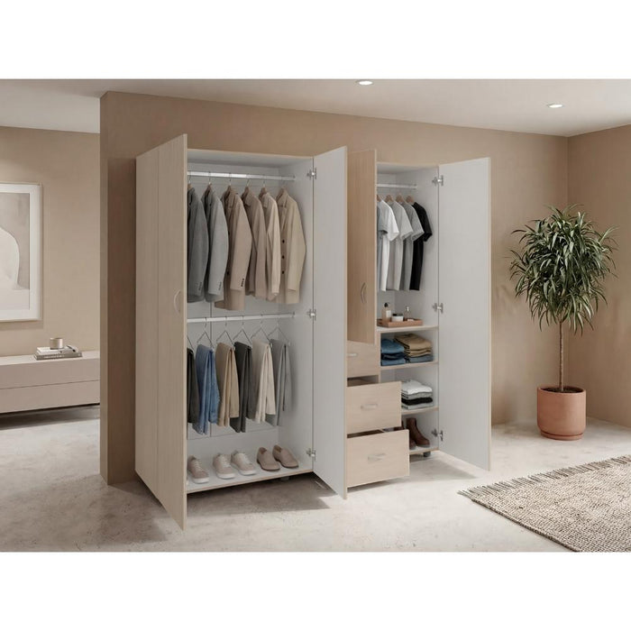 Closet Poche, Cartagena y Blanco, con Tres Cajones Multiusos y Cuatro Puertas Batientes