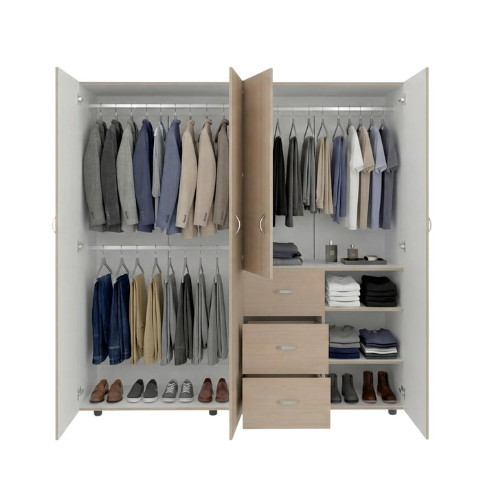 Closet Poche, Cartagena y Blanco, con Tres Cajones Multiusos y Cuatro Puertas Batientes