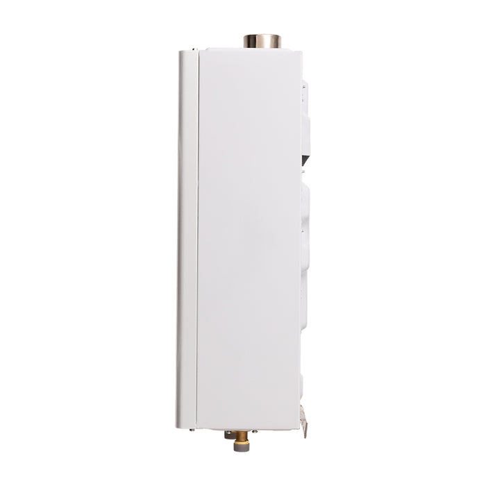 Calentador de paso tiro forzado 15 litros modulante a gas natural blanco marca Haceb.