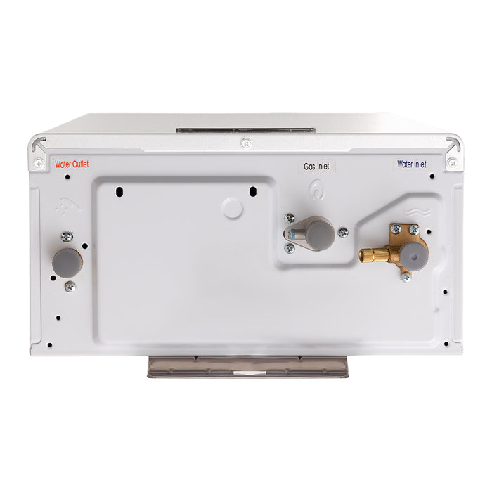 Calentador de paso tiro forzado 15 litros modulante a gas natural blanco marca Haceb.