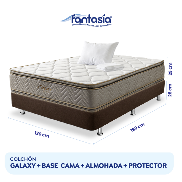 Combo colchón fantasia galaxy 120x190 cm + base cama lino café + almohada + protector damasco  marca Fantasía