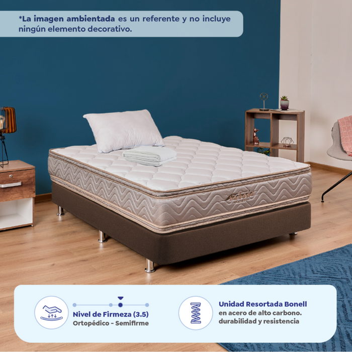Combo colchón fantasia galaxy 120x190 cm + base cama lino café + almohada + protector damasco  marca Fantasía