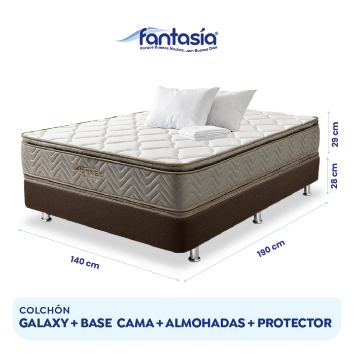 Combo colchón fantasia galaxy 140x190cm + base cama lino café + almohada + protector damasco  marca Fantasía