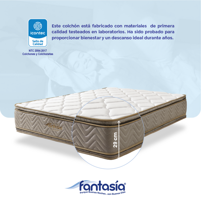 Combo colchón fantasia galaxy 160x190 cm + base cama lino café + almohada + protector damasco marca Fantasía