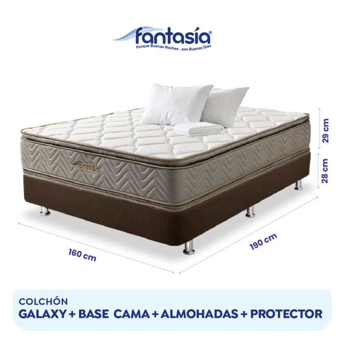 Combo colchón fantasia galaxy 160x190 cm + base cama lino café + almohada + protector damasco marca Fantasía