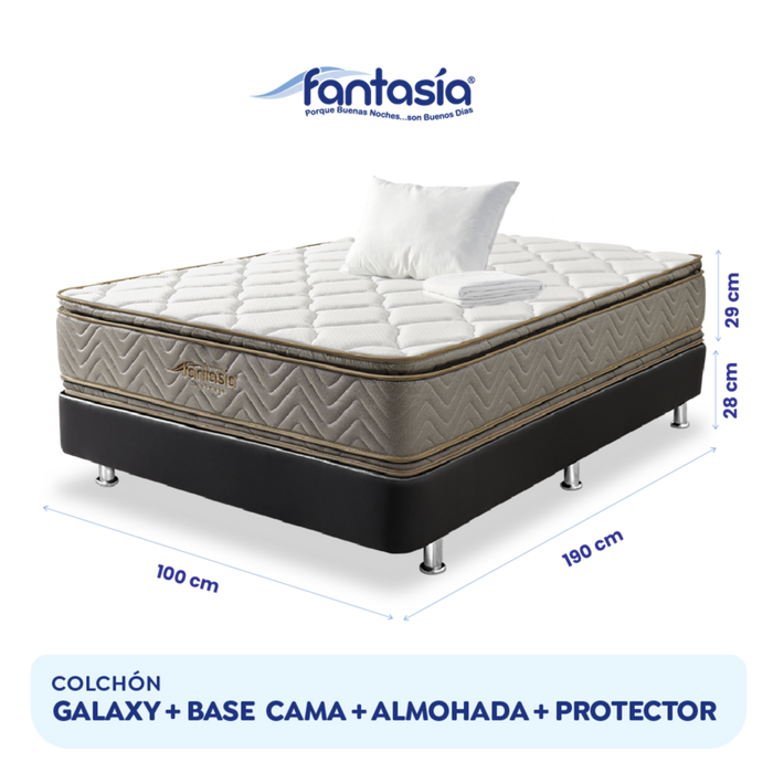 Combo colchón fantasia galaxy de 100x190 cm + base cama tipo cuero negro+ almohada + protector damasco  marca Fantasía