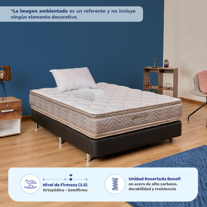 Combo colchón fantasia galaxy 140x190 cm + base cama tipo cuero negro + almohada + protector damasco  marca Fantasía